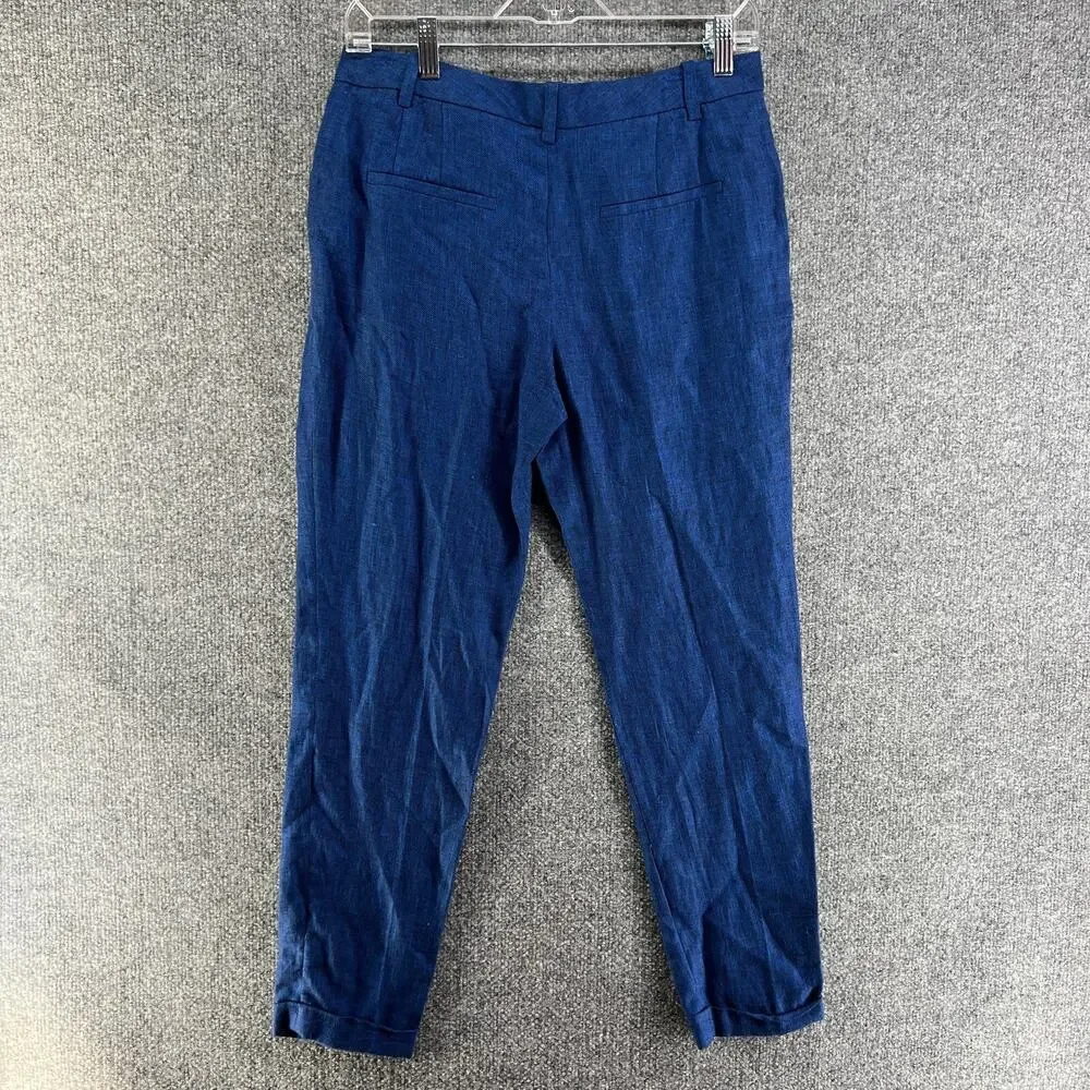 Zara Pants‎ Womens 4 Blue Linen Blend Tapered Cropped Trousers Cuffed Comfort